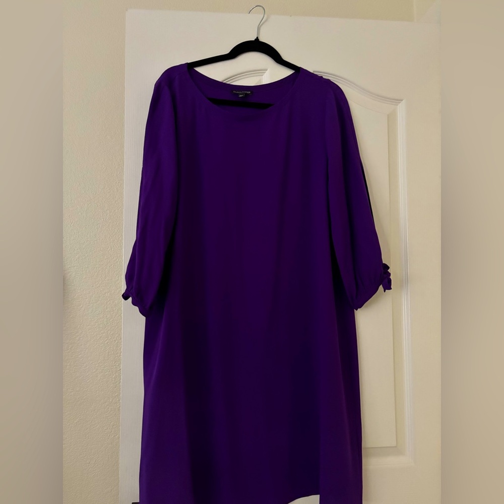 Eileen Fisher Purple Shift Dress M | Silk Blend 3/4 Sleeve Minimalist